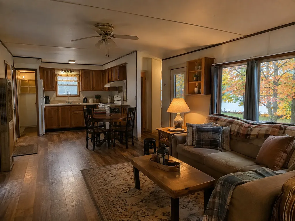 Living room with wooden floors, a dining table, and a lake view.