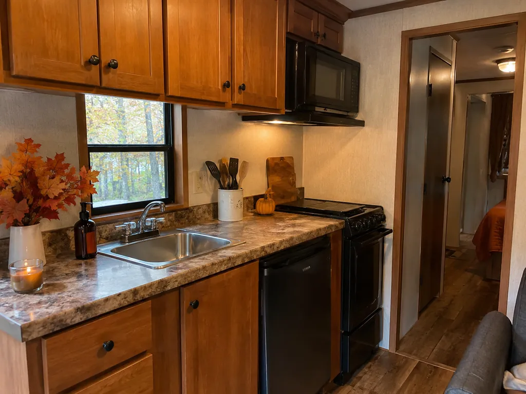 A small kitchen with granite countertops, wooden cabinets, and a window showing trees.