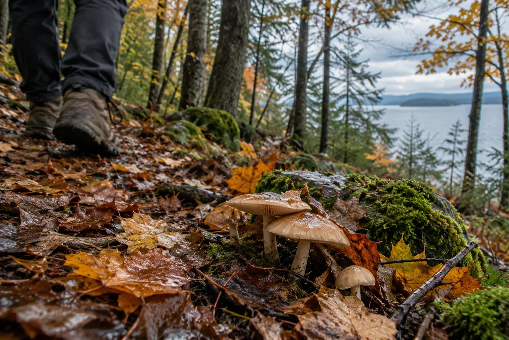 A hiker walks through a forest with mushrooms and leaves, overlooking a lake.