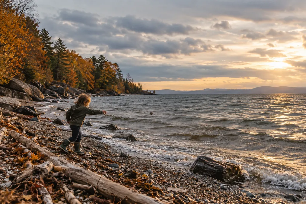 A child skips stones on a pebbled shore at sunset.
