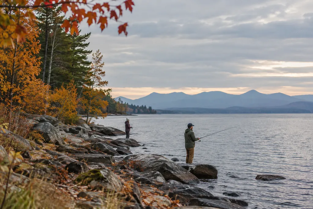 Two people fishing on a lake with mountains in the background.