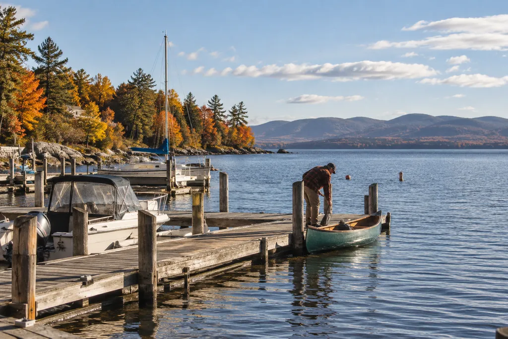 A man prepares a canoe at a dock with boats and mountains in the background.
