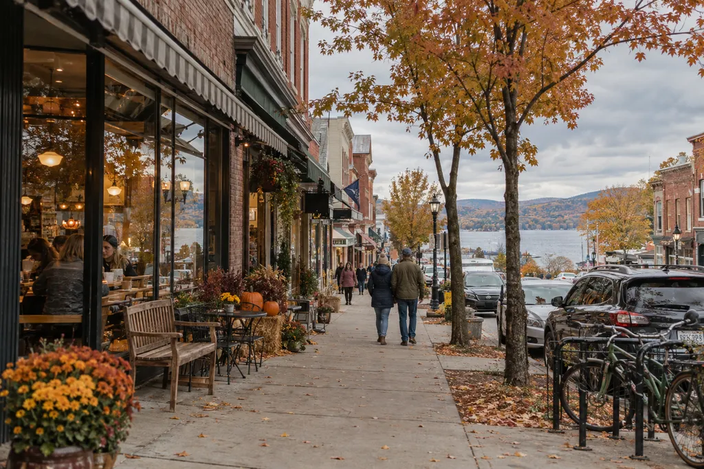 People walk past shops on a street with a lake in the background.