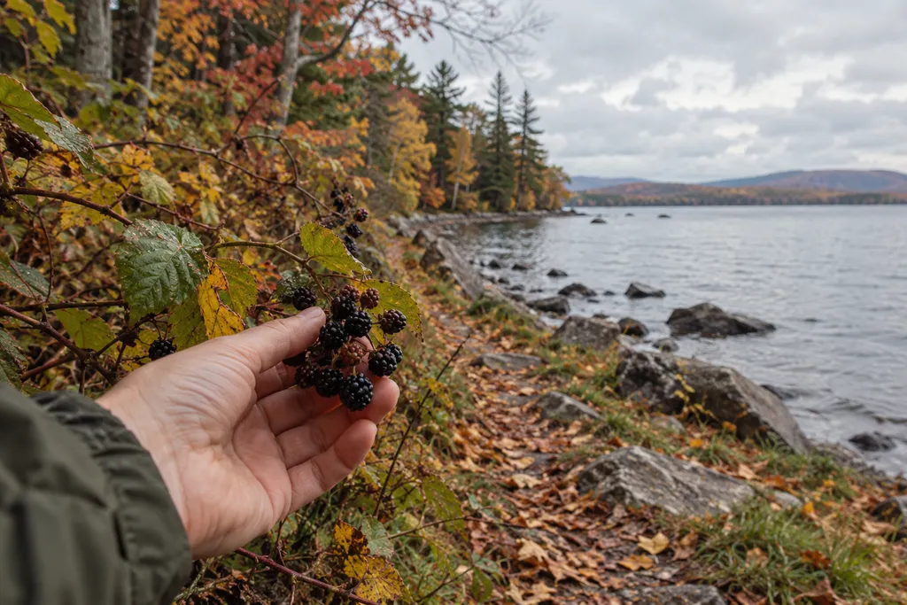 Hand holding blackberries near a lake with autumn foliage and distant mountains.
