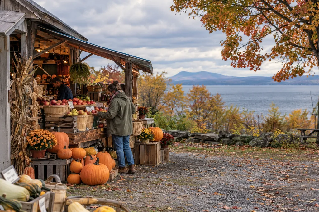 A person stands at a roadside stand with pumpkins, squash, and apples.