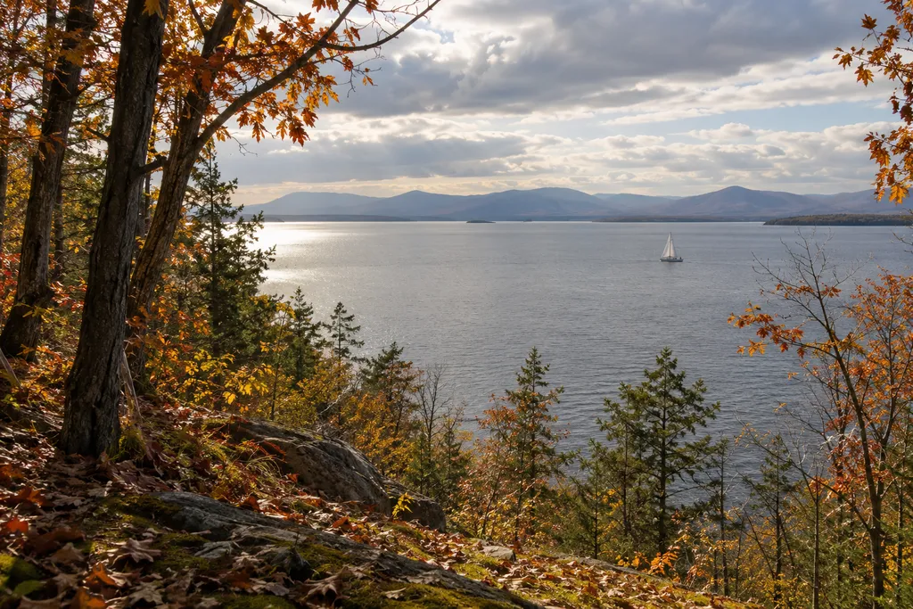 A sailboat on a lake with mountains in the distance.
